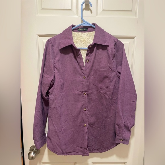 Women’s Faux Fur line Shirt Jacket  Size Small Small Plum Corduroy NWOT Shacket - Picture 2 of 7